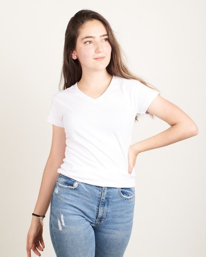 Camiseta Cuello V Poliéster Piel de Durazno Mujer PROMO 